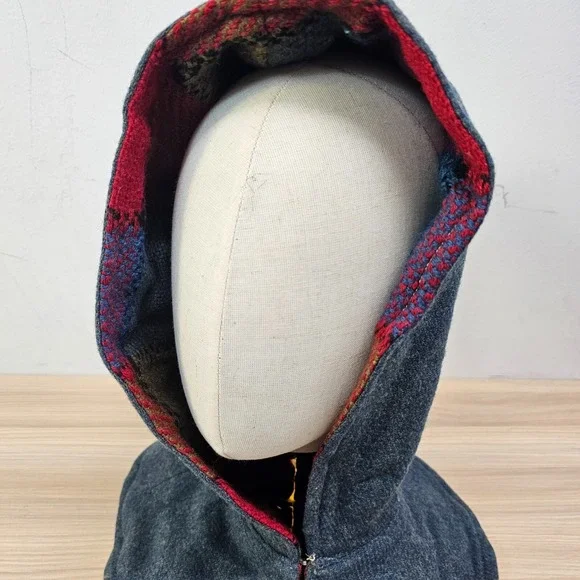 Vintage Hoodie Hat Womens Blue Reversible Patchwork Wool Lined Pixie Cowl Goblin Vintage Hoodie Hat Womens Blue Reversible Patchwork Wool  main image 4